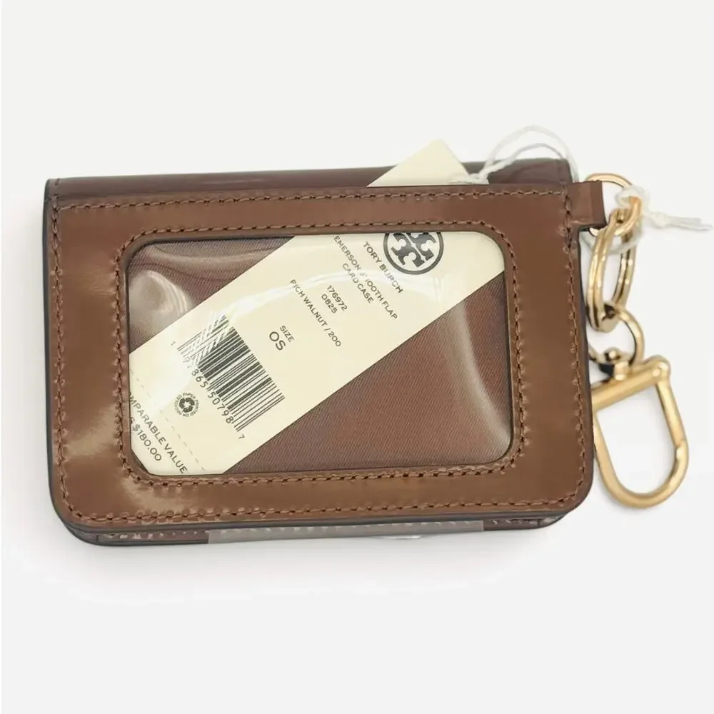 $175 Tory Burch Flap Card Case Wallet Brown Patent Leather Gold Key Chain